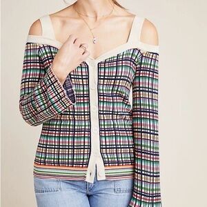 Anthropologie Krissy Plaid Cold Open Shoulder Cardigan Sweater Size XL